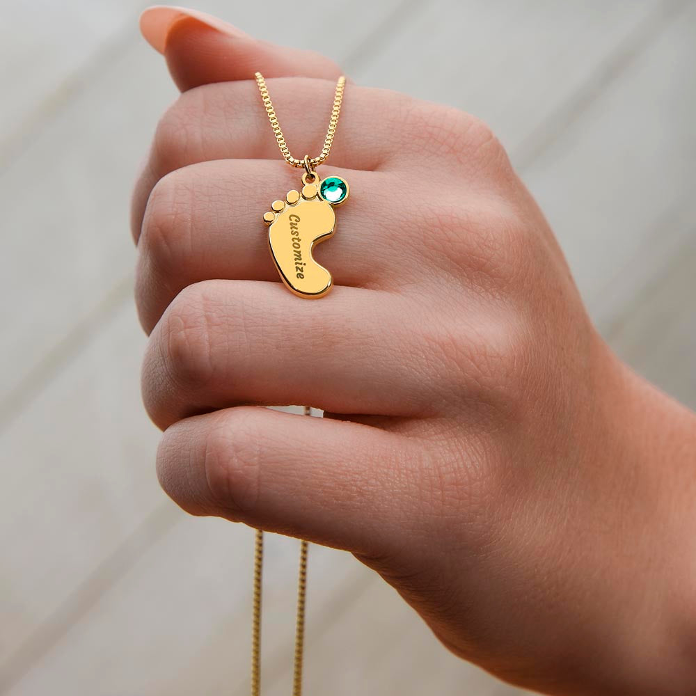 Engraved Baby Feet Necklace with Birthstone for Grandma - Mother's Day Gift
