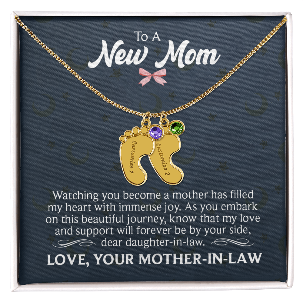 Engraved Baby Feet Necklace with Birthstone for Daughter-In-Law from Mother-In-Law - Mother's Day Gift