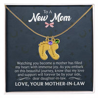 Engraved Baby Feet Necklace with Birthstone for Daughter-In-Law from Mother-In-Law - Mother's Day Gift