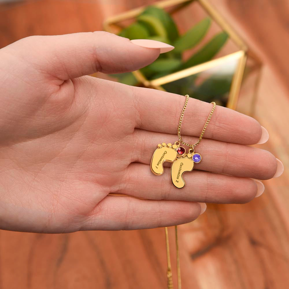 Engraved Baby Feet Necklace with Birthstone for Wife from Husband - Mother's Day Gift