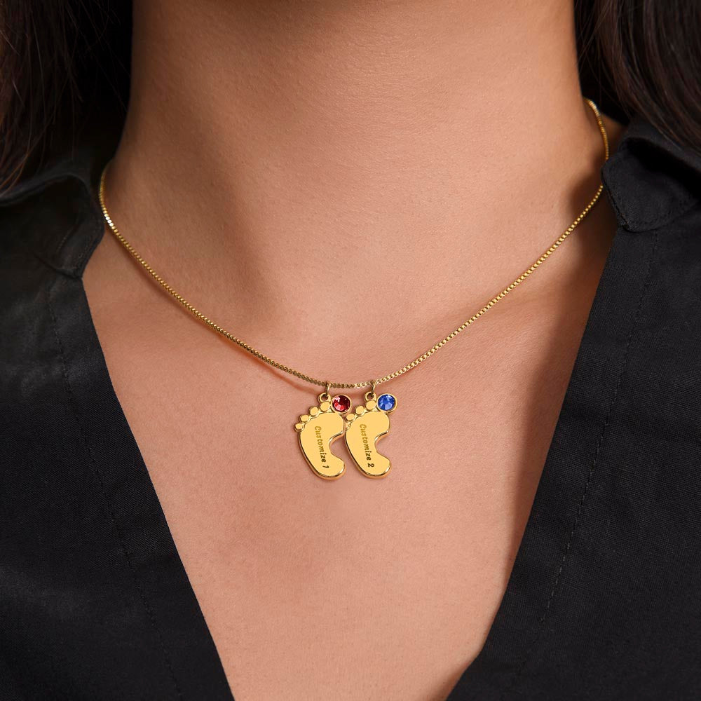 Engraved Baby Feet Necklace with Birthstone for Wife from Husband - Mother's Day Gift