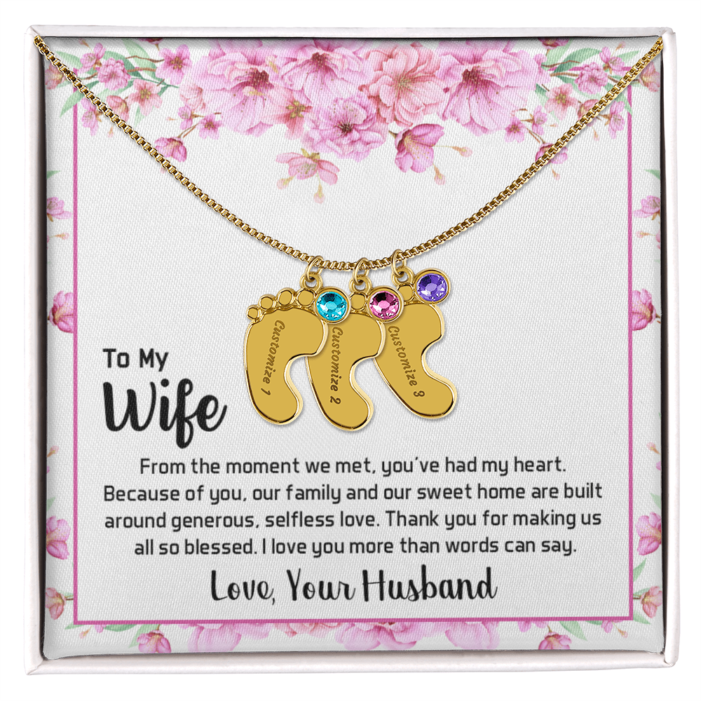 Engraved Baby Feet Necklace with Birthstone for Wife from Husband - Mother's Day Gift