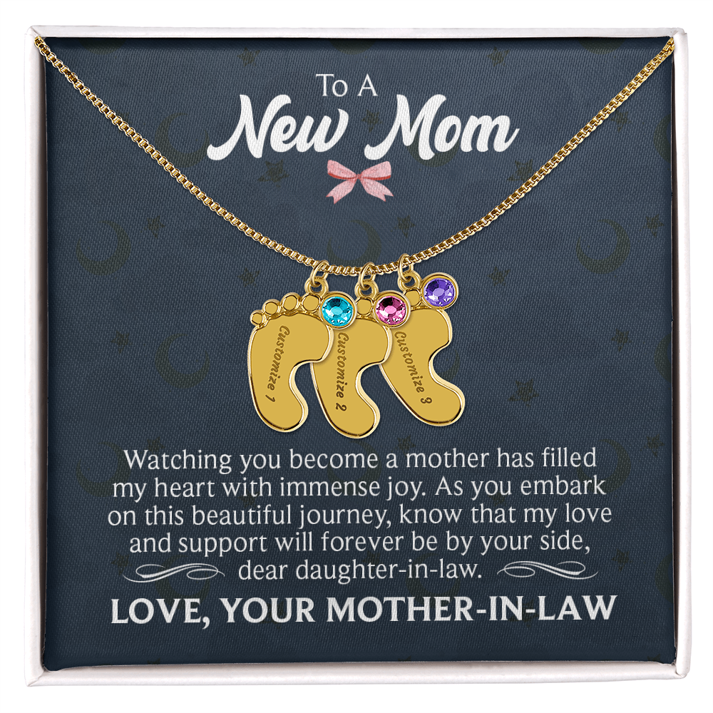 Engraved Baby Feet Necklace with Birthstone for Daughter-In-Law from Mother-In-Law - Mother's Day Gift