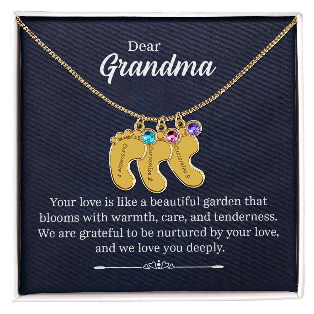 Engraved Baby Feet Necklace with Birthstone for Grandma - Mother's Day Gift