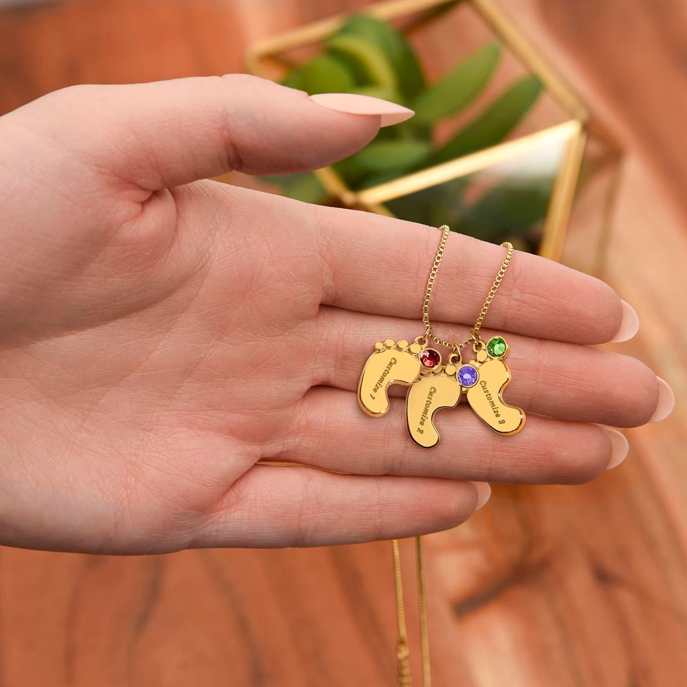 Engraved Baby Feet Necklace with Birthstone for Grandma - Mother's Day Gift