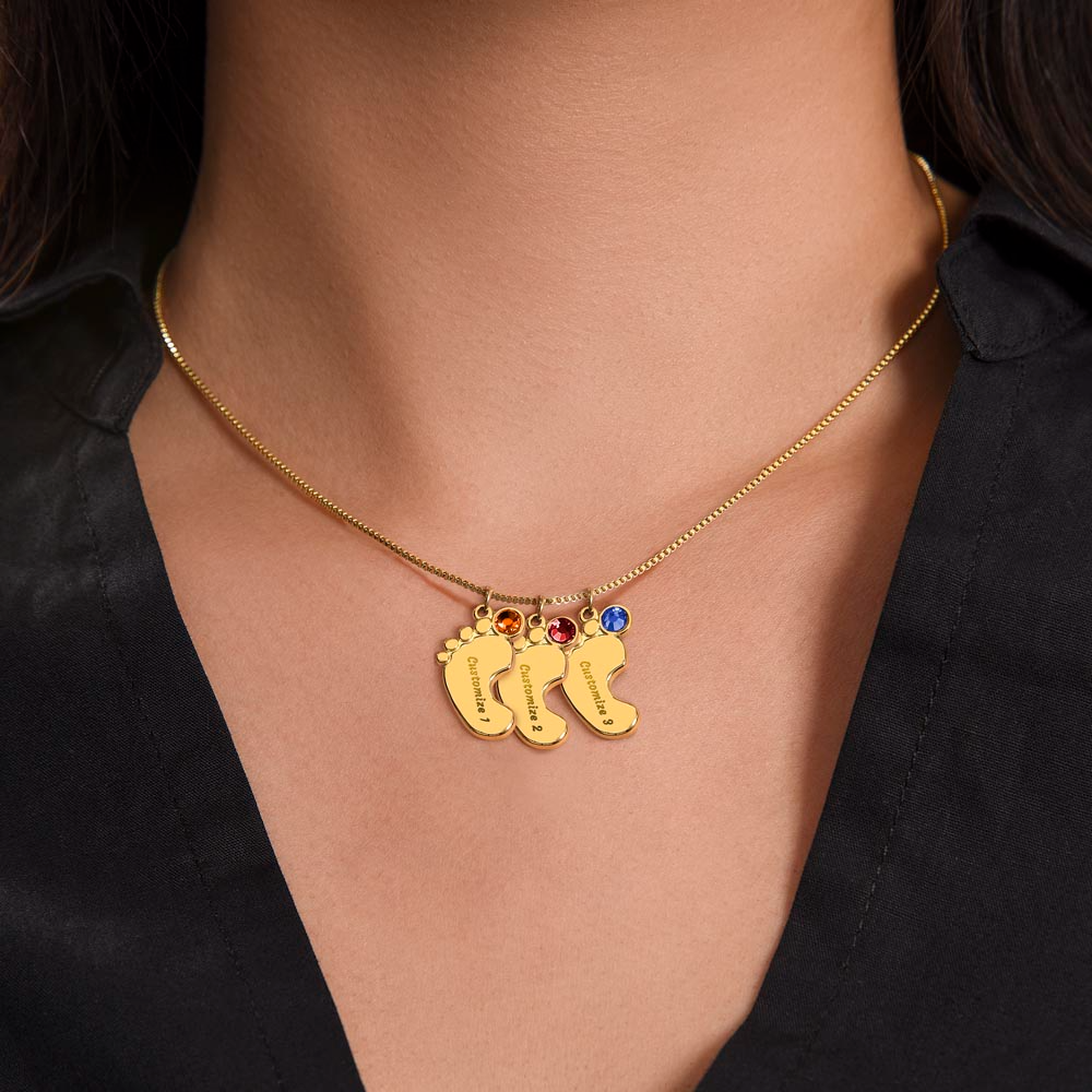 Engraved Baby Feet Necklace with Birthstone for Grandma - Mother's Day Gift