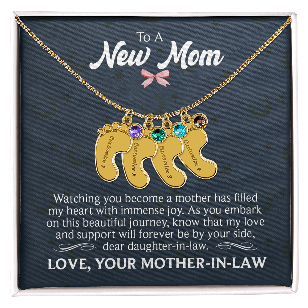 Engraved Baby Feet Necklace with Birthstone for Daughter-In-Law from Mother-In-Law - Mother's Day Gift