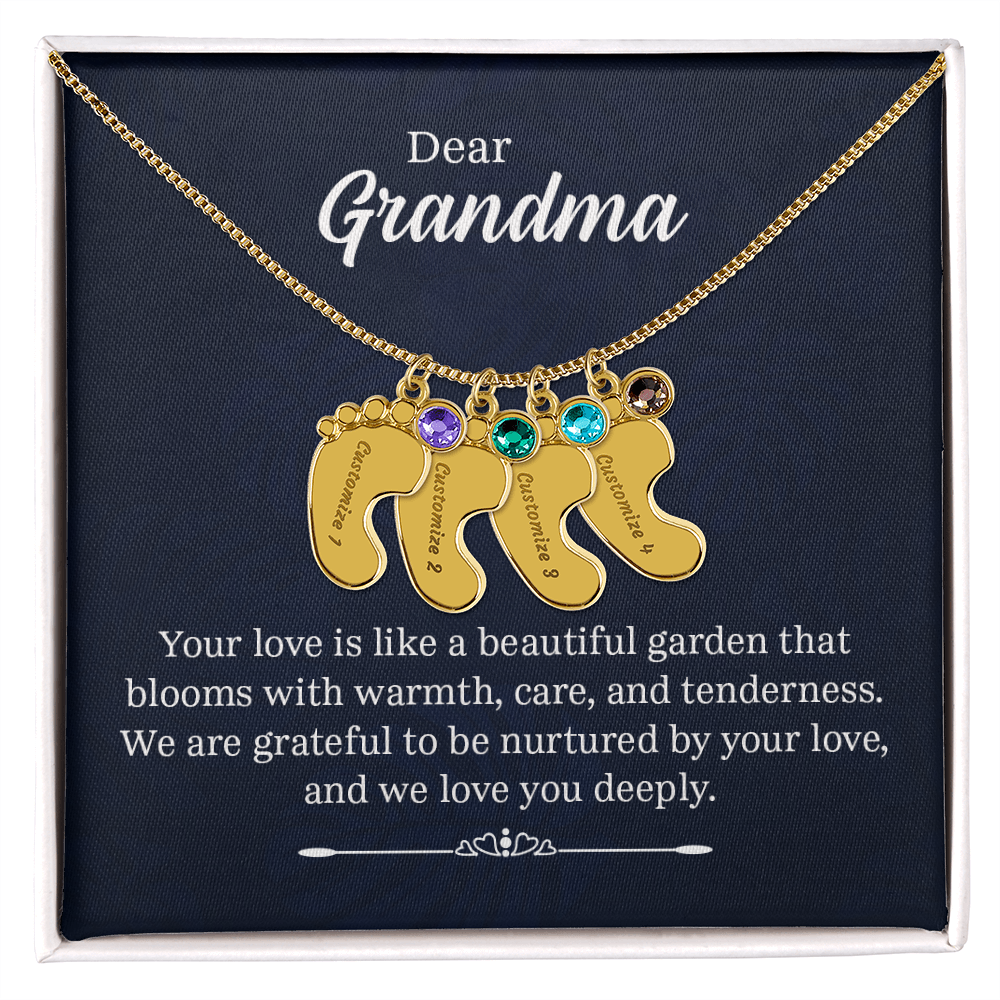 Engraved Baby Feet Necklace with Birthstone for Grandma - Mother's Day Gift
