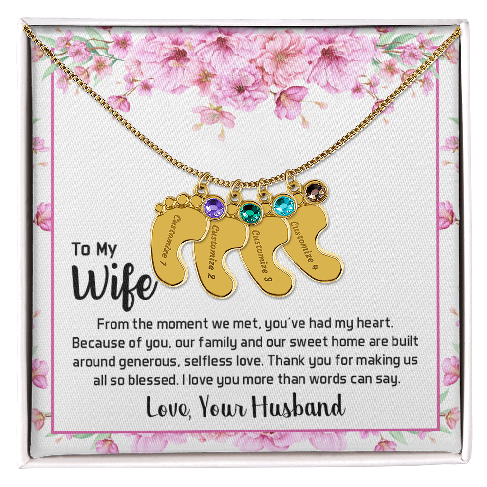 Engraved Baby Feet Necklace with Birthstone for Wife from Husband - Mother's Day Gift
