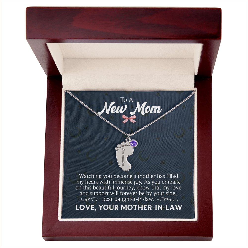 Engraved Baby Feet Necklace with Birthstone for Daughter-In-Law from Mother-In-Law - Mother's Day Gift
