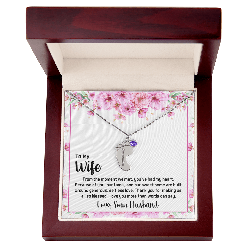 Engraved Baby Feet Necklace with Birthstone for Wife from Husband - Mother's Day Gift