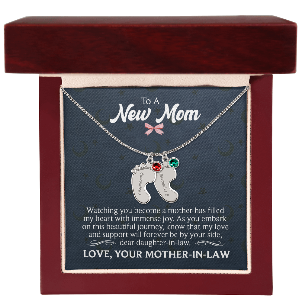 Engraved Baby Feet Necklace with Birthstone for Daughter-In-Law from Mother-In-Law - Mother's Day Gift