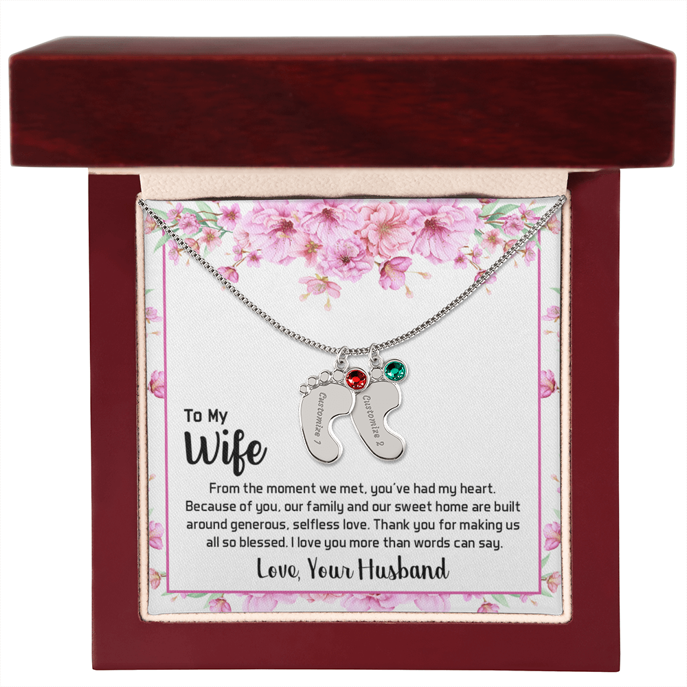 Engraved Baby Feet Necklace with Birthstone for Wife from Husband - Mother's Day Gift