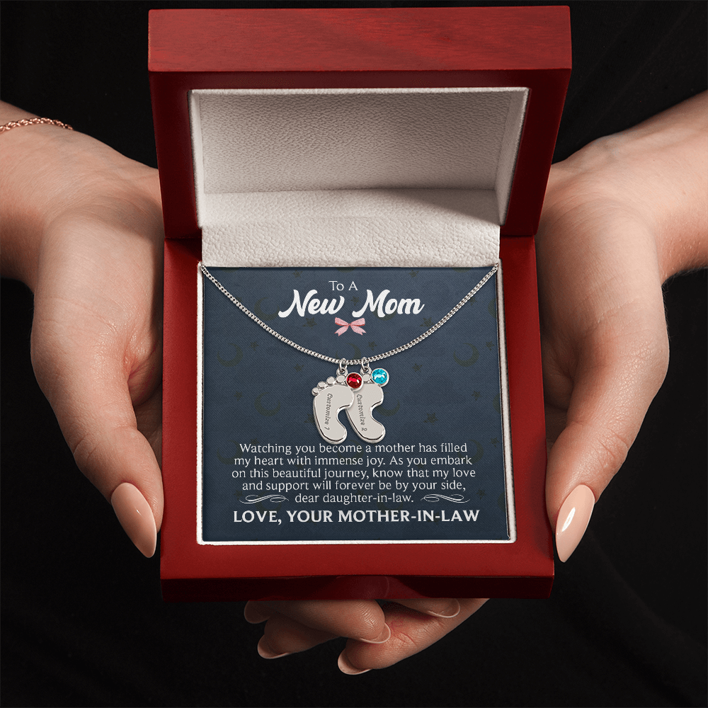 Engraved Baby Feet Necklace with Birthstone for Daughter-In-Law from Mother-In-Law - Mother's Day Gift