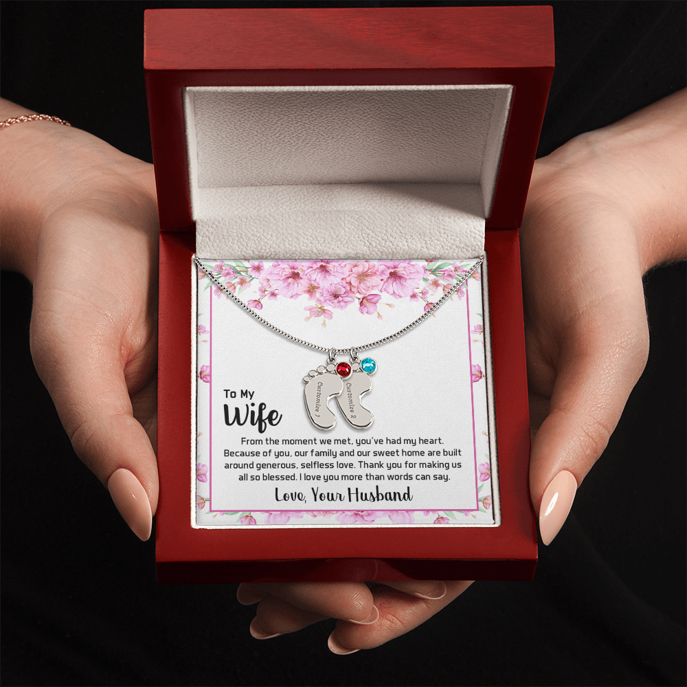 Engraved Baby Feet Necklace with Birthstone for Wife from Husband - Mother's Day Gift