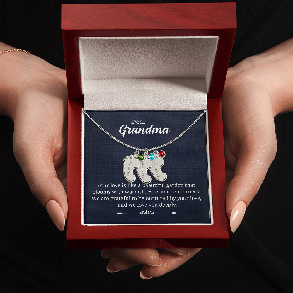 Engraved Baby Feet Necklace with Birthstone for Grandma - Mother's Day Gift
