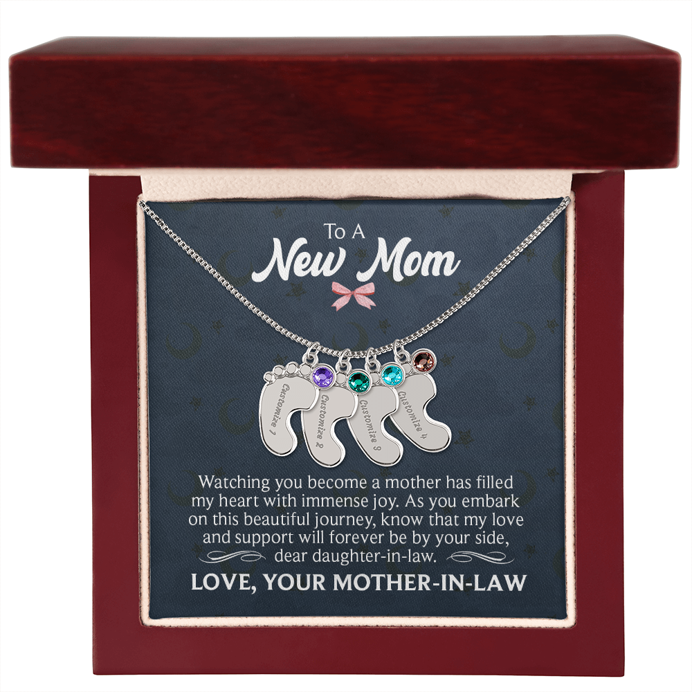 Engraved Baby Feet Necklace with Birthstone for Daughter-In-Law from Mother-In-Law - Mother's Day Gift