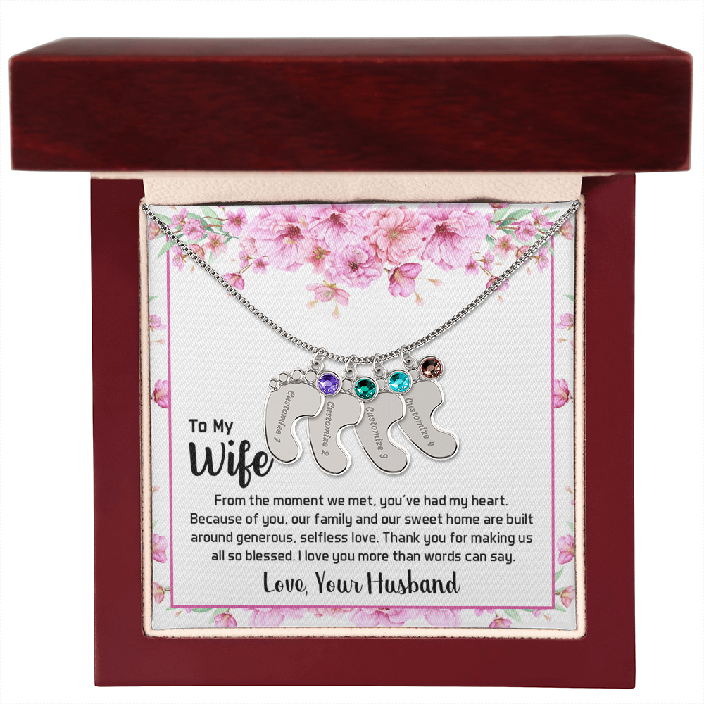 Engraved Baby Feet Necklace with Birthstone for Wife from Husband - Mother's Day Gift