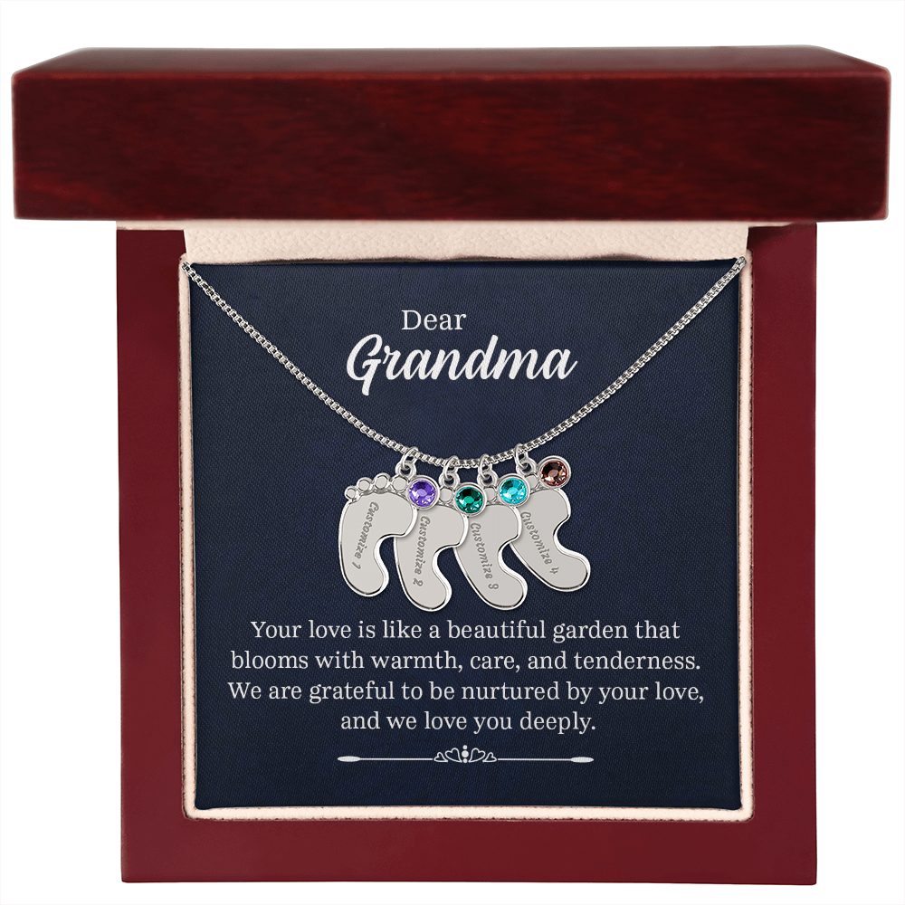 Engraved Baby Feet Necklace with Birthstone for Grandma - Mother's Day Gift