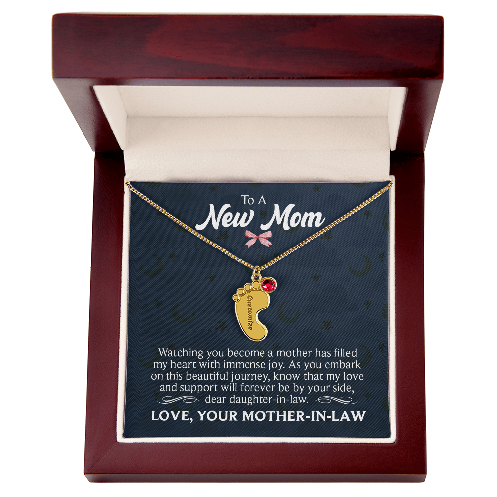 Engraved Baby Feet Necklace with Birthstone for Daughter-In-Law from Mother-In-Law - Mother's Day Gift