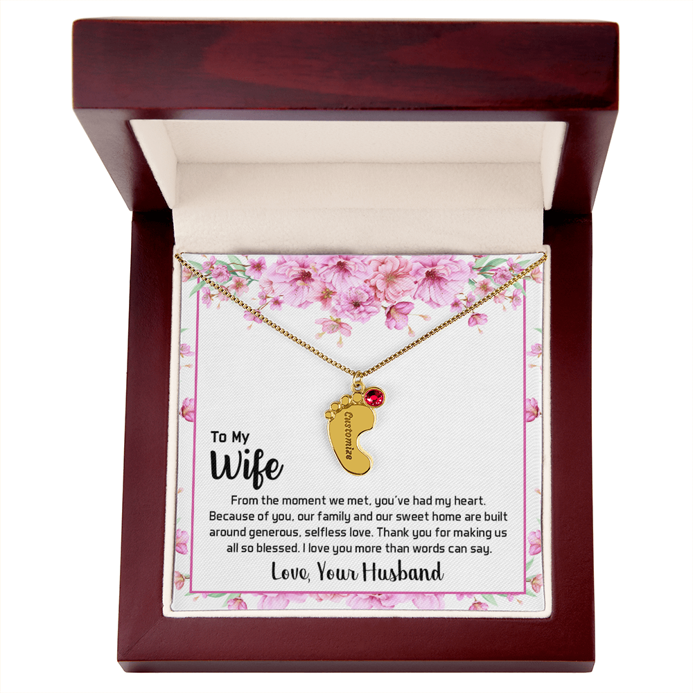 Engraved Baby Feet Necklace with Birthstone for Wife from Husband - Mother's Day Gift