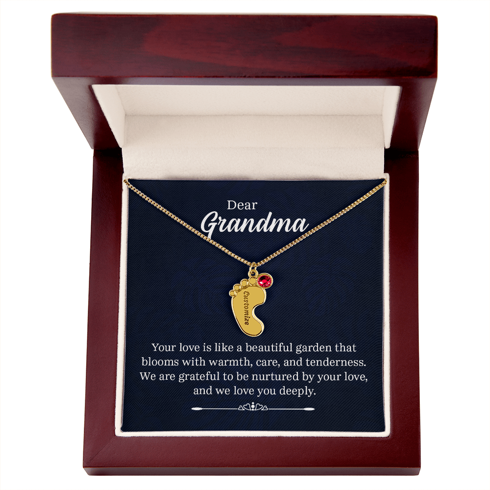 Engraved Baby Feet Necklace with Birthstone for Grandma - Mother's Day Gift
