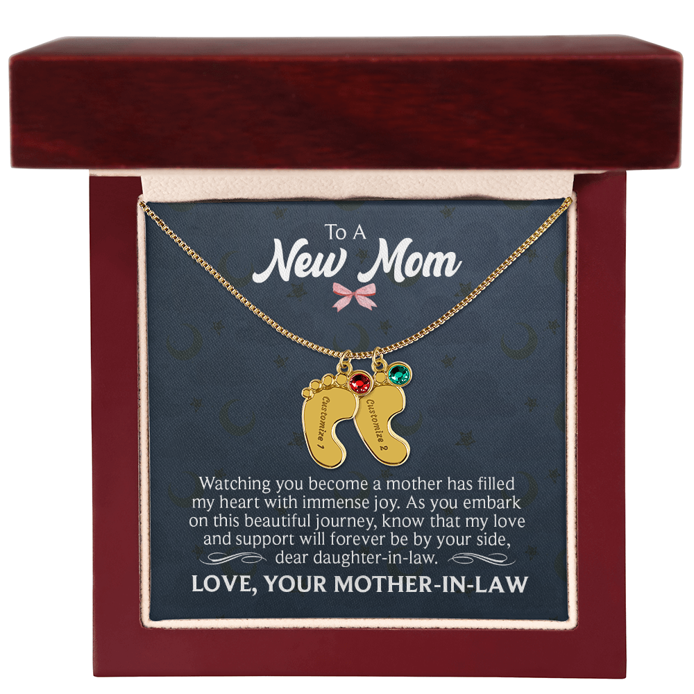 Engraved Baby Feet Necklace with Birthstone for Daughter-In-Law from Mother-In-Law - Mother's Day Gift