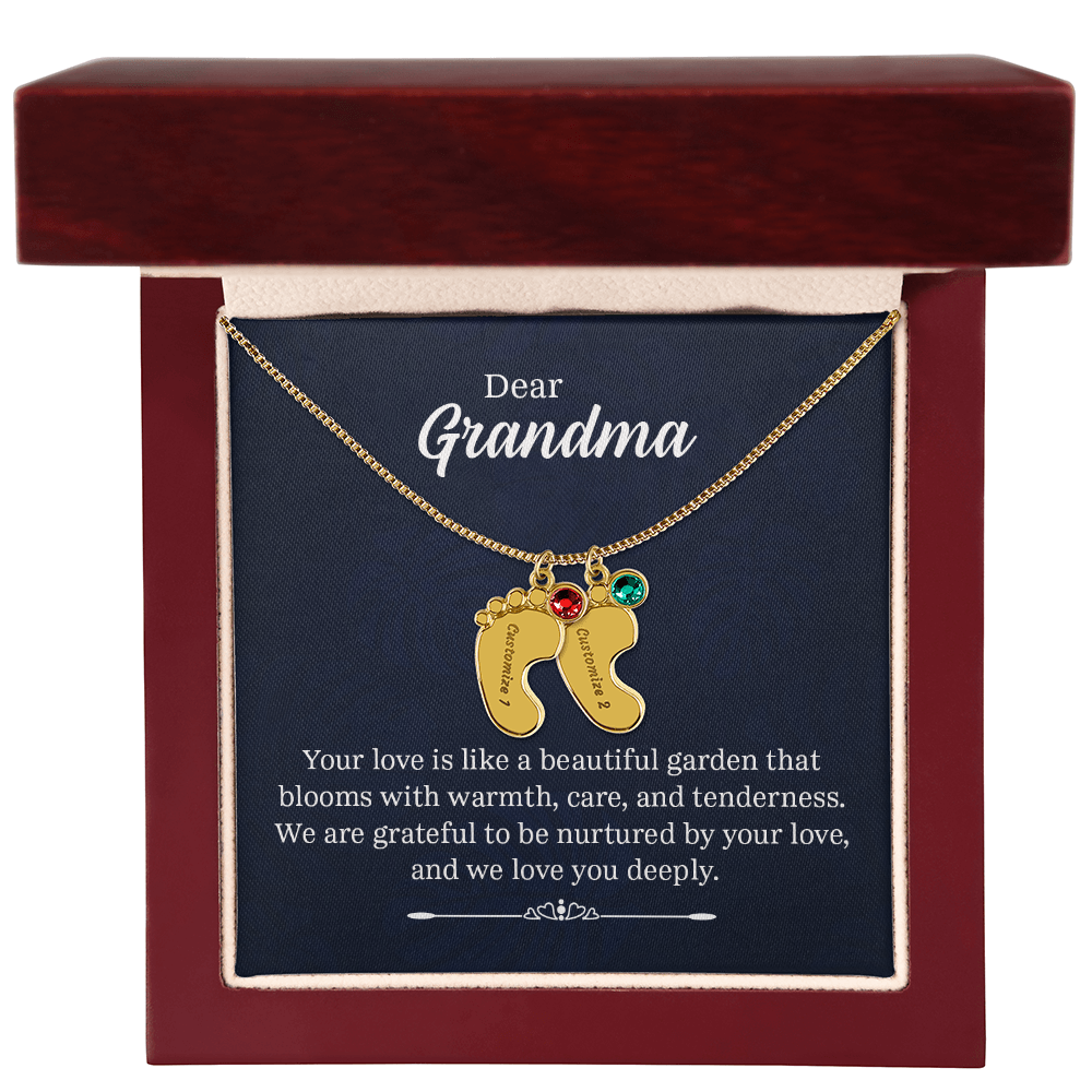 Engraved Baby Feet Necklace with Birthstone for Grandma - Mother's Day Gift