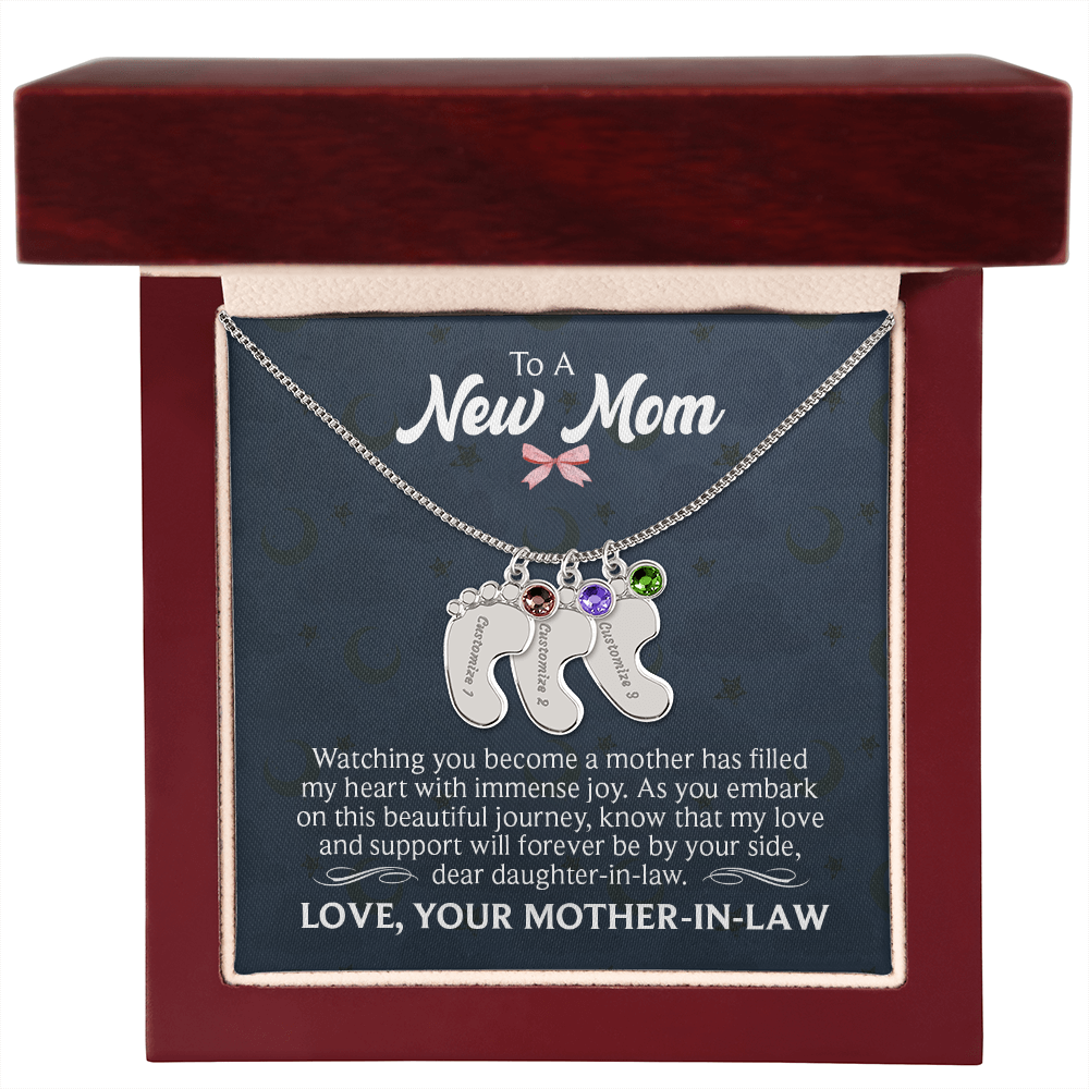 Engraved Baby Feet Necklace with Birthstone for Daughter-In-Law from Mother-In-Law - Mother's Day Gift