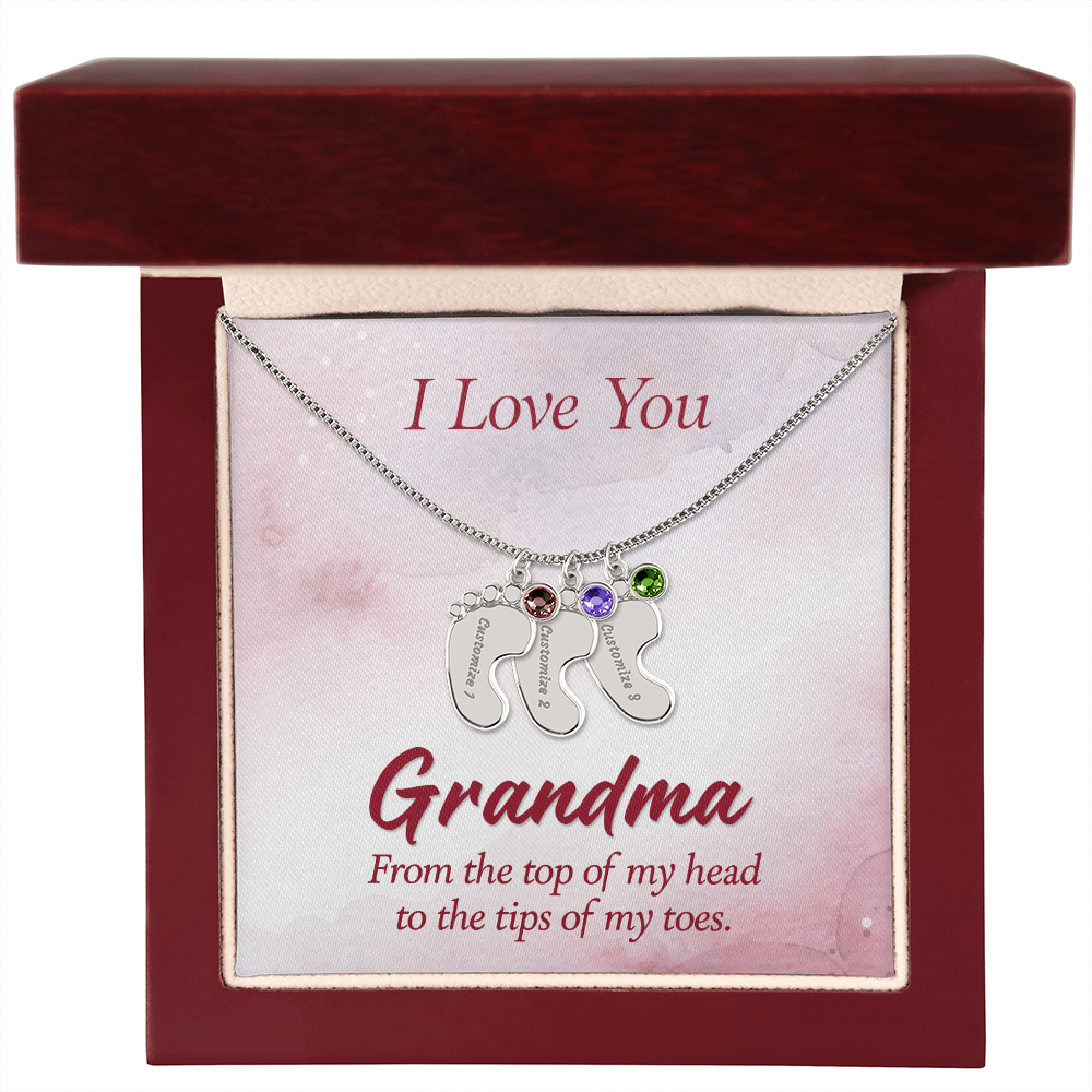 Engraved Baby Feet Necklace with Birthstone for Grandma - Mother's Day Gift