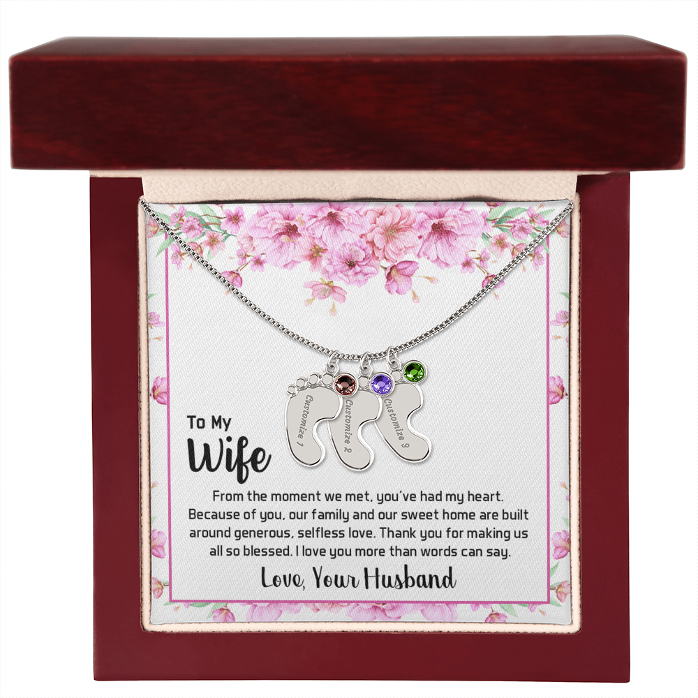 Engraved Baby Feet Necklace with Birthstone for Wife from Husband - Mother's Day Gift