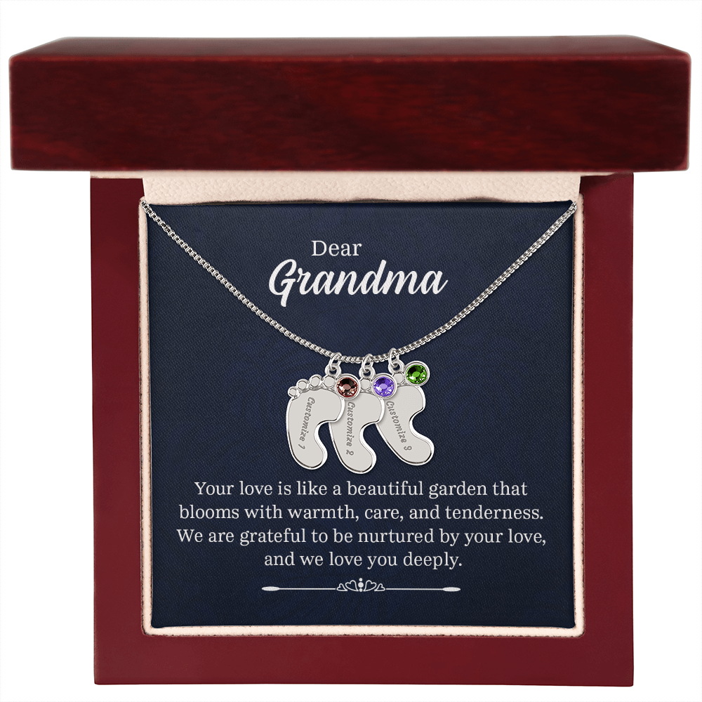 Engraved Baby Feet Necklace with Birthstone for Grandma - Mother's Day Gift