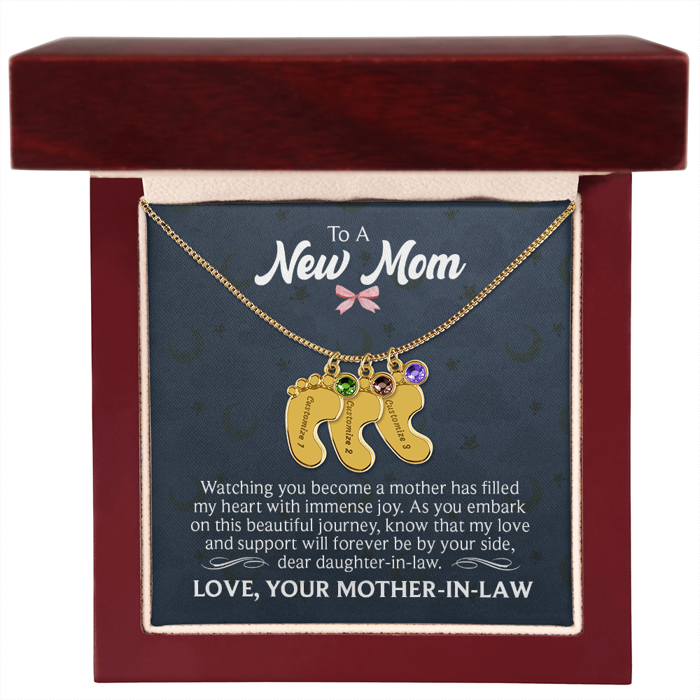 Engraved Baby Feet Necklace with Birthstone for Daughter-In-Law from Mother-In-Law - Mother's Day Gift