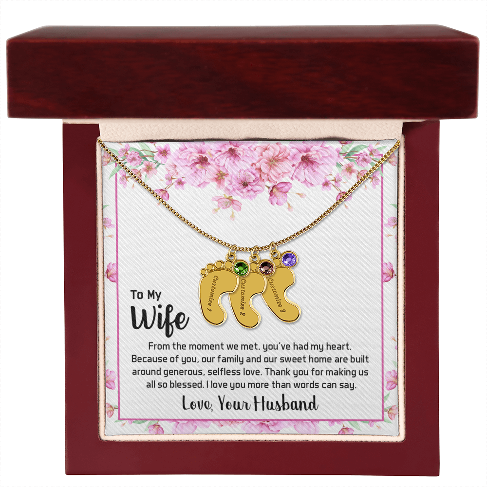 Engraved Baby Feet Necklace with Birthstone for Wife from Husband - Mother's Day Gift