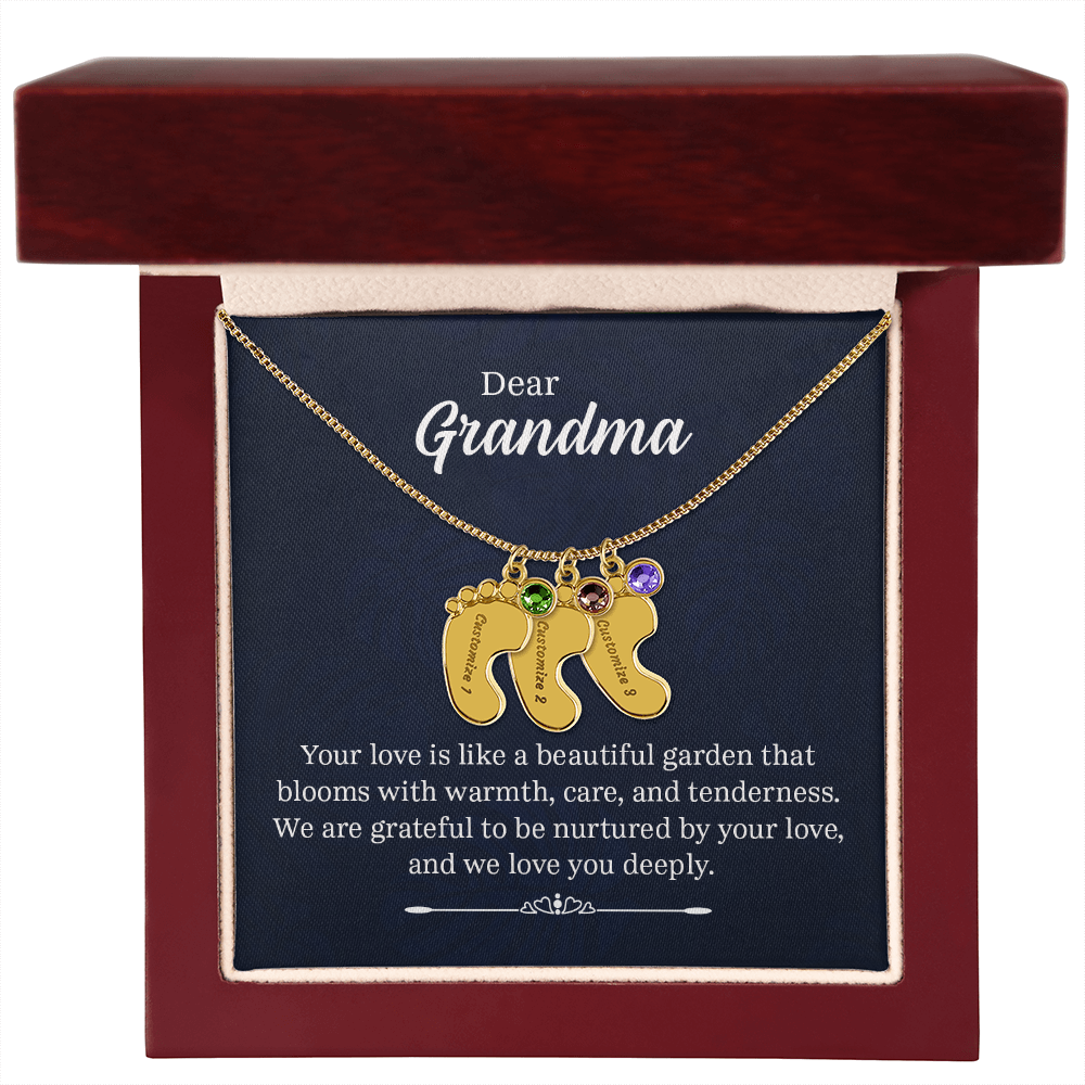 Engraved Baby Feet Necklace with Birthstone for Grandma - Mother's Day Gift