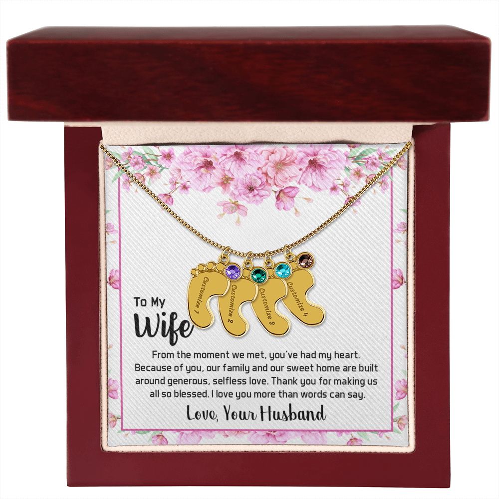 Engraved Baby Feet Necklace with Birthstone for Wife from Husband - Mother's Day Gift