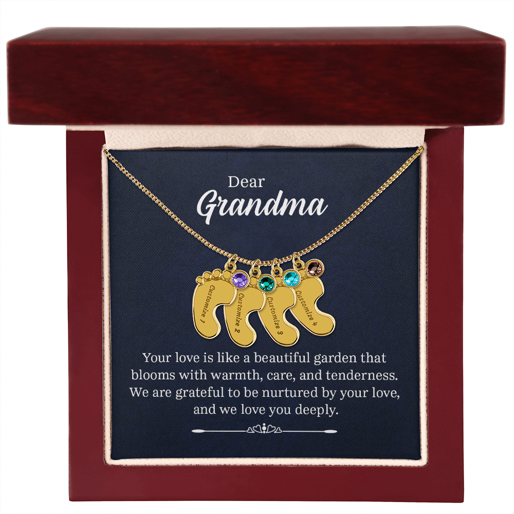Engraved Baby Feet Necklace with Birthstone for Grandma - Mother's Day Gift