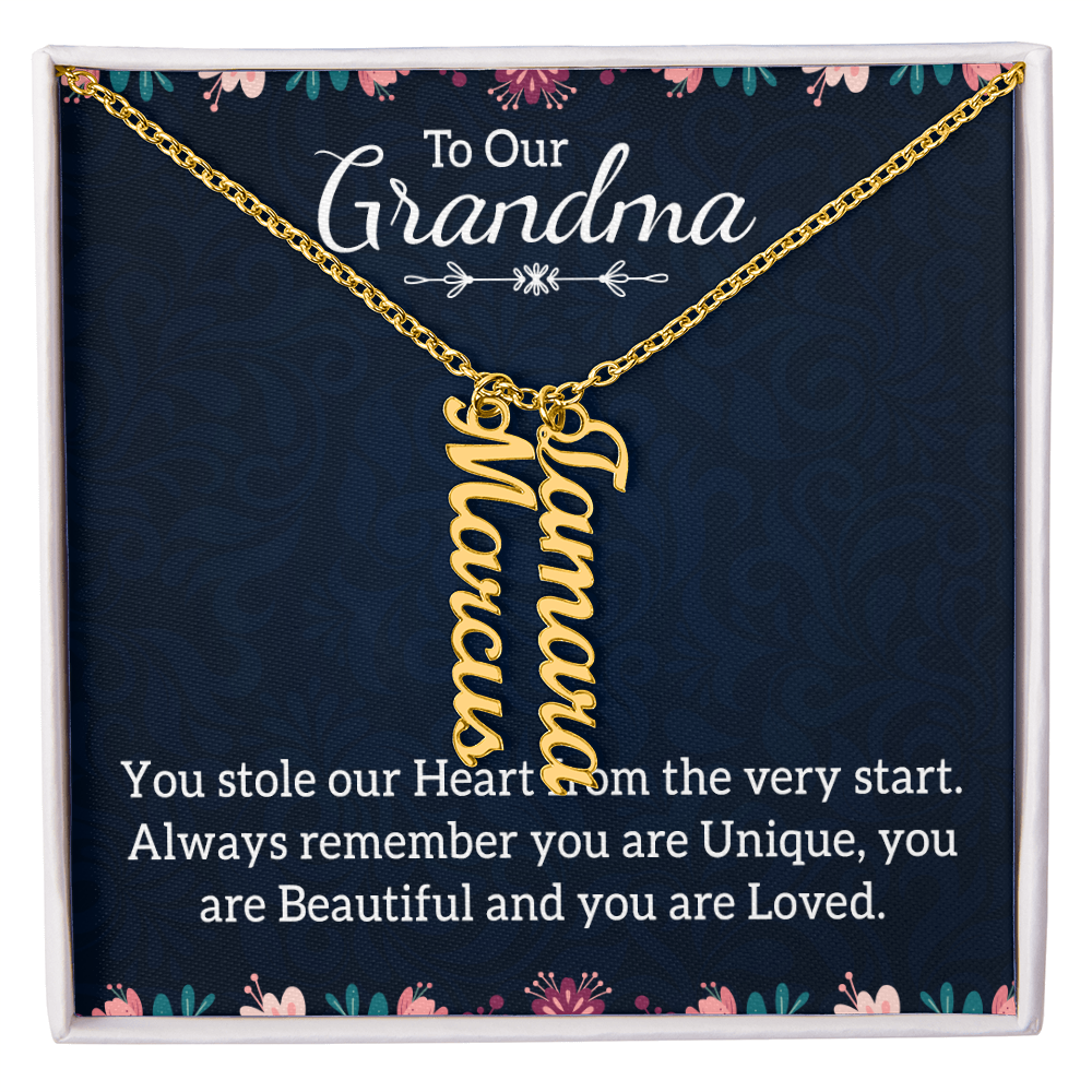 Multi Vertical Name Necklace for Grandma with Grandkids Name - You Stole Our Heart - Mother's Day Gift