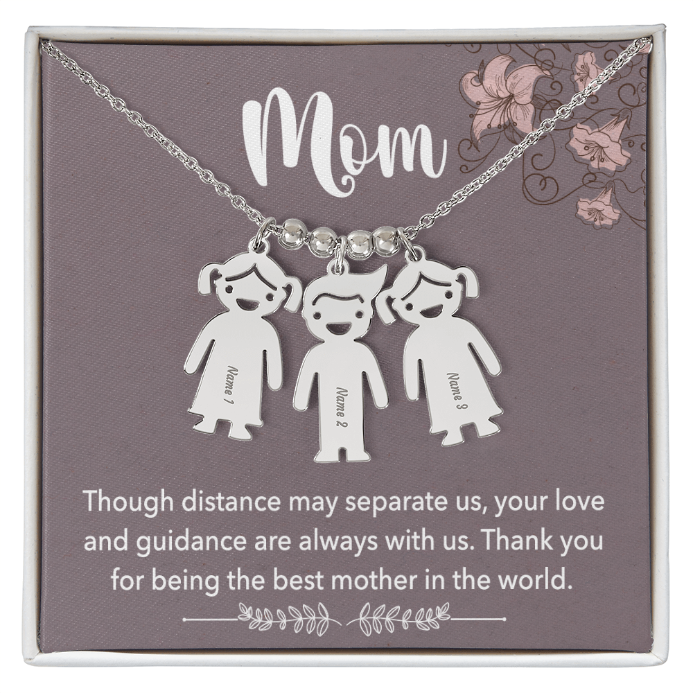 Personalized Engraved Kid Charm Necklace for Mom - Mother's Day Gift - Through Distance May Separate Us