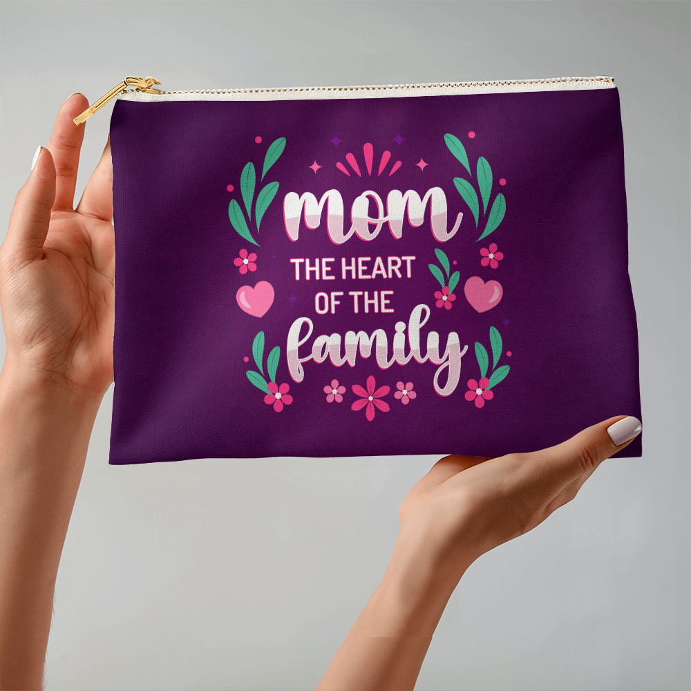 Fabric Zippered Pouch Large for Mom - Mother's Day Gift - Mom the Heart of the Family