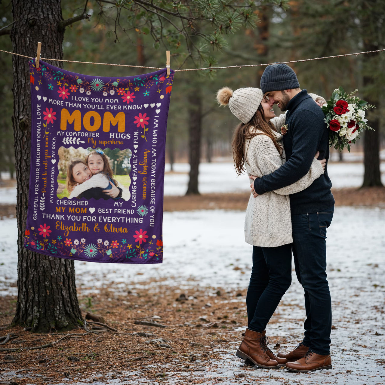 Personalized Coral Fleece Blanket (Portrait) for Mom from Daughter - Mother's Day Gift