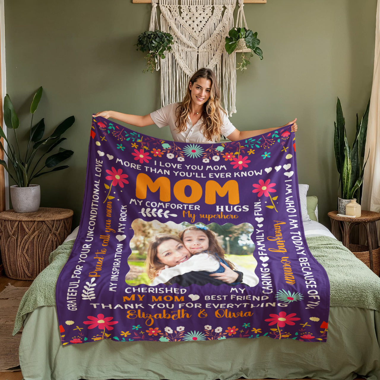 Personalized Coral Fleece Blanket (Portrait) for Mom from Daughter - Mother's Day Gift