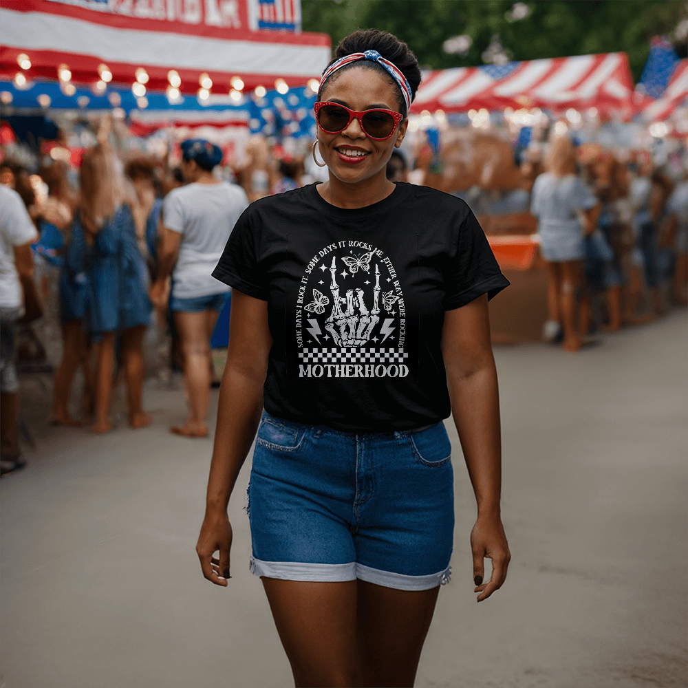Black Unisex T-Shirt Front Print for Mom - Mother's Day Gift - Rocking Motherhood Apparel