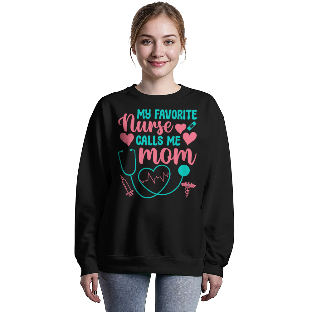 Bella + Canvas 3945 Unisex White, Black, Gray Unisex Crewneck Sweatshirt Front Print for Nurse Mom - Mother's Day Gift - My Favorite Nurse Calls me Mom
