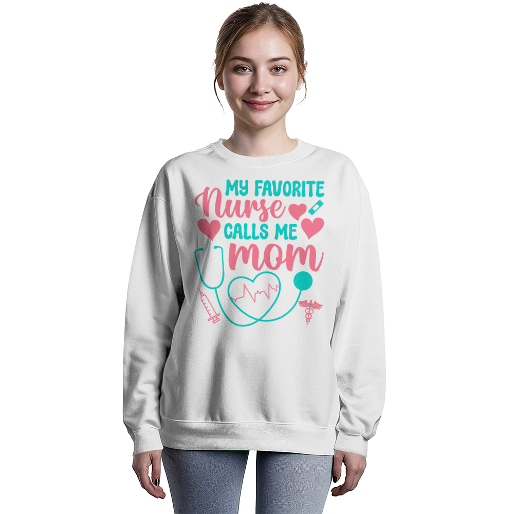 Bella + Canvas 3945 Unisex White, Black, Gray Unisex Crewneck Sweatshirt Front Print for Nurse Mom - Mother's Day Gift - My Favorite Nurse Calls me Mom