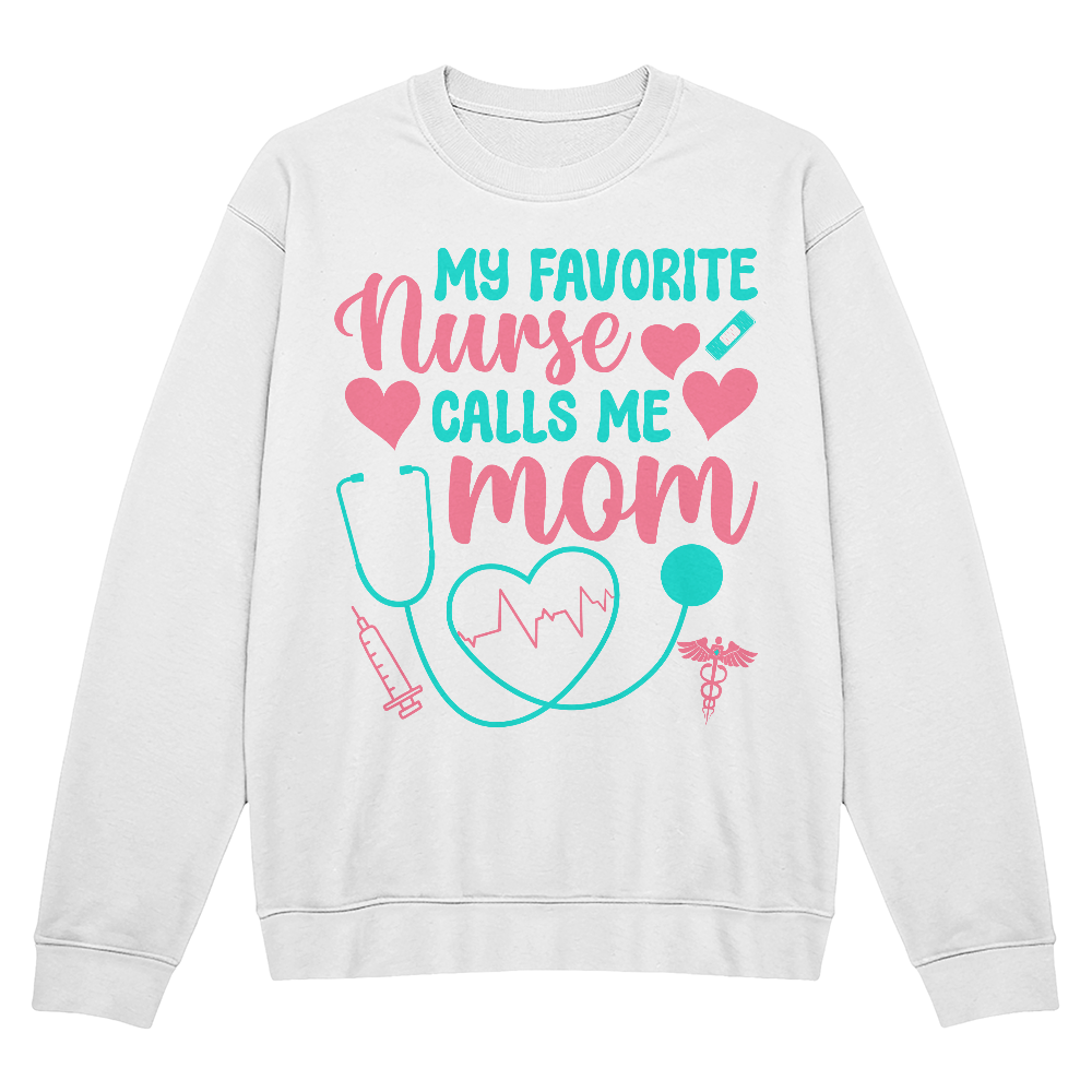 Bella + Canvas 3945 Unisex White, Black, Gray Unisex Crewneck Sweatshirt Front Print for Nurse Mom - Mother's Day Gift - My Favorite Nurse Calls me Mom