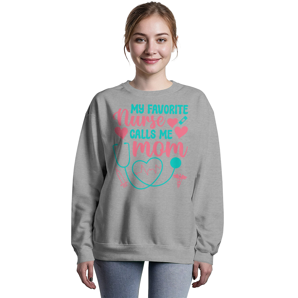 Bella + Canvas 3945 Unisex White, Black, Gray Unisex Crewneck Sweatshirt Front Print for Nurse Mom - Mother's Day Gift - My Favorite Nurse Calls me Mom