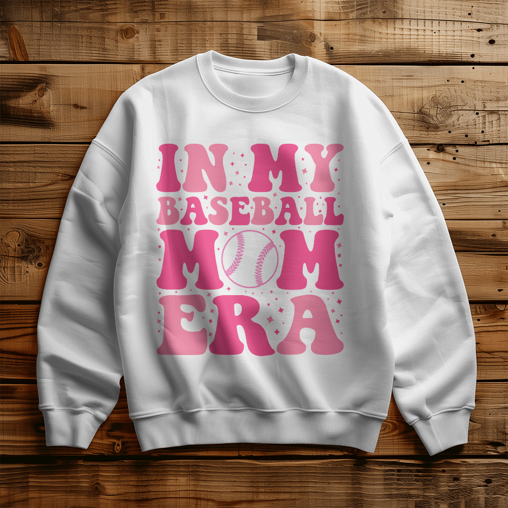 Gildan 18000 Unisex White, Black Crewneck Sweatshirt Front Print for Baseball Mom - Mother's Day Gift - In My Baseball Mom Era