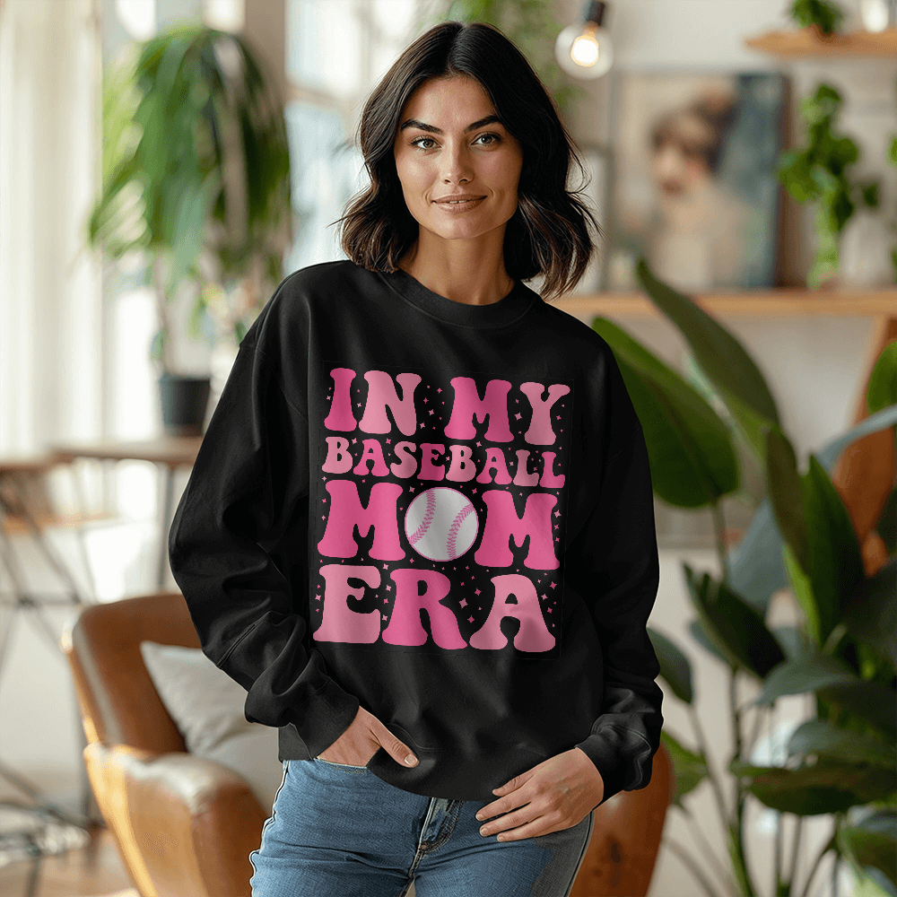 Gildan 18000 Unisex White, Black Crewneck Sweatshirt Front Print for Baseball Mom - Mother's Day Gift - In My Baseball Mom Era