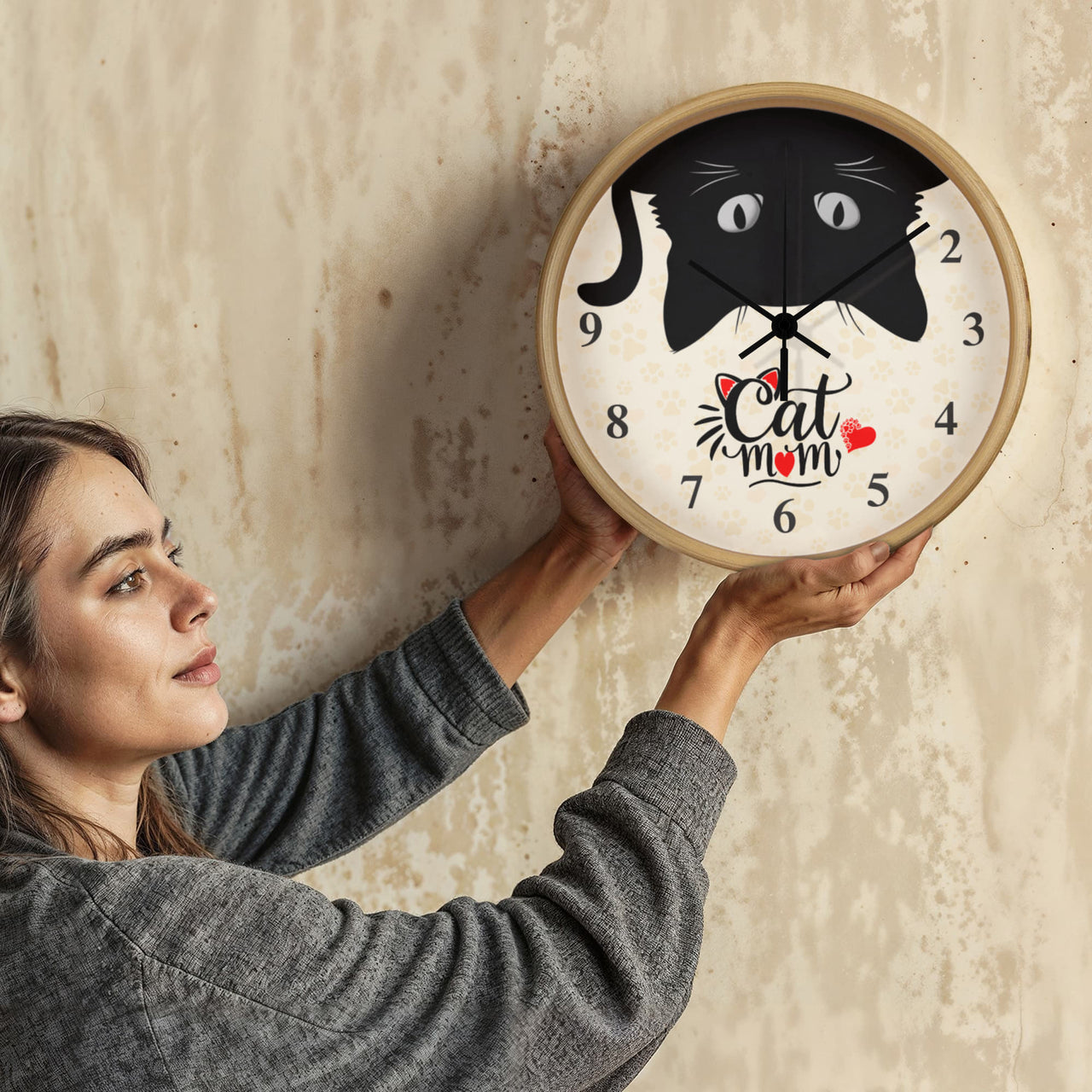 Wooden Frame 10" Clock for Cat Mom - Mother's Day Gift